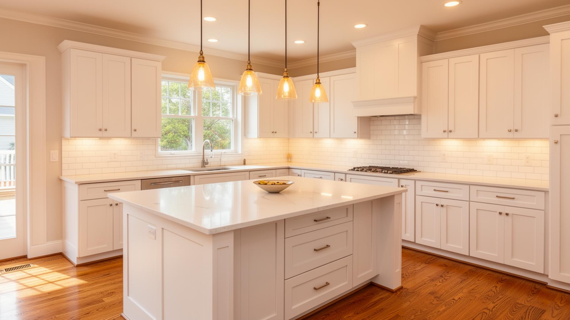 Finished remodeled kitchen with white cabinets and hardwood floors in Stilwell, KS