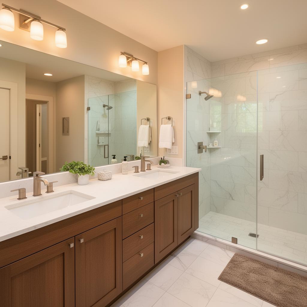 Bathroom after renovation — modern double vanity and glass shower