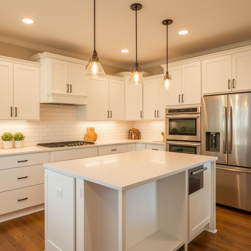 Kitchen after renovation — modern white shaker cabinets and quartz