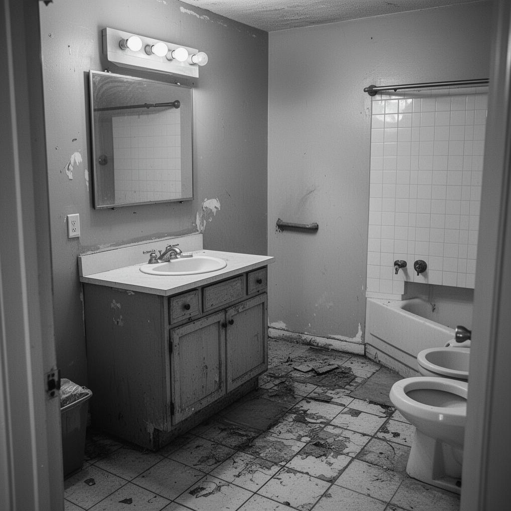 Bathroom before renovation — old vanity and worn tile