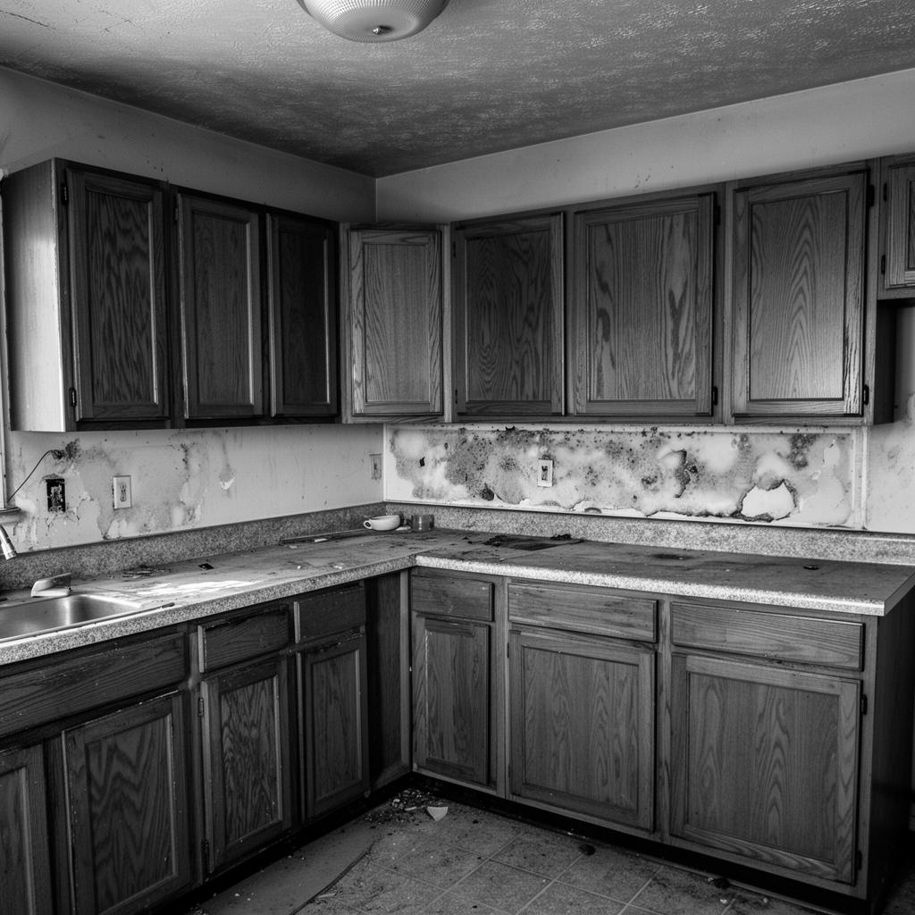 Kitchen before renovation — dated cabinets and countertops
